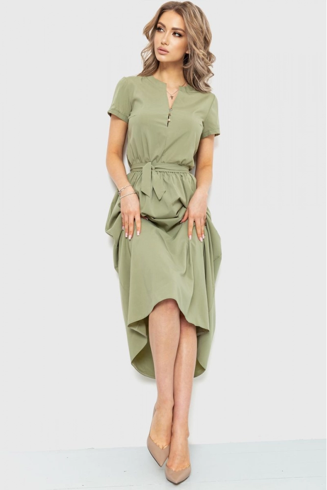 Купити Сукня однотонна, колір оливковий, 230R006 - Фото №1