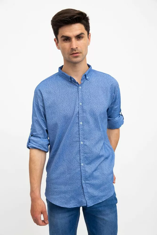 Купить Стильная мужская рубашка, голубая с принтом, 511F016 - Фото №1