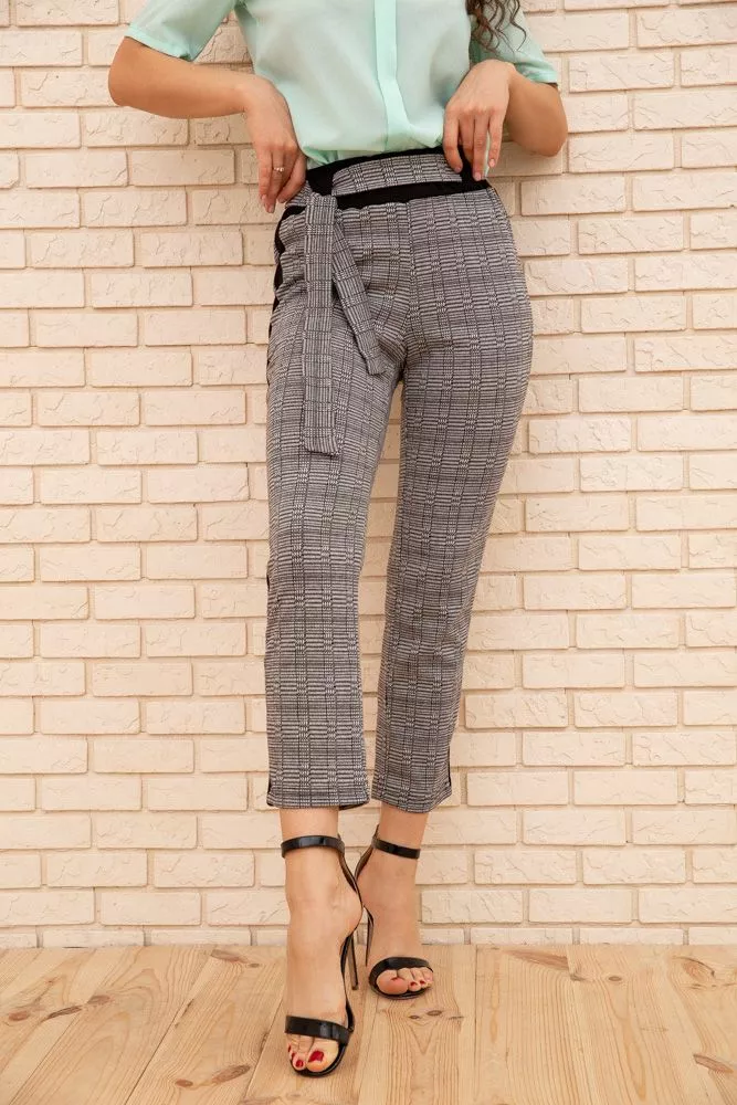 Купить Женские укороченные брюки, в клетку с лампасами, цвет Серый, 172R9314-3 - Фото №1