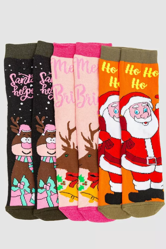 Купити Комплект жіночих шкарпеток новорічних 3 пари, колір чорний, помаранчевий, світло-рожевий, 151R272 оптом - Фото №1