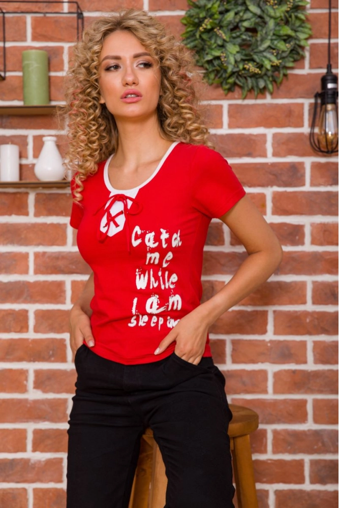 Купить Женская хлопковая футболка с принтом цвет Красный 167R2084 оптом - Фото №1