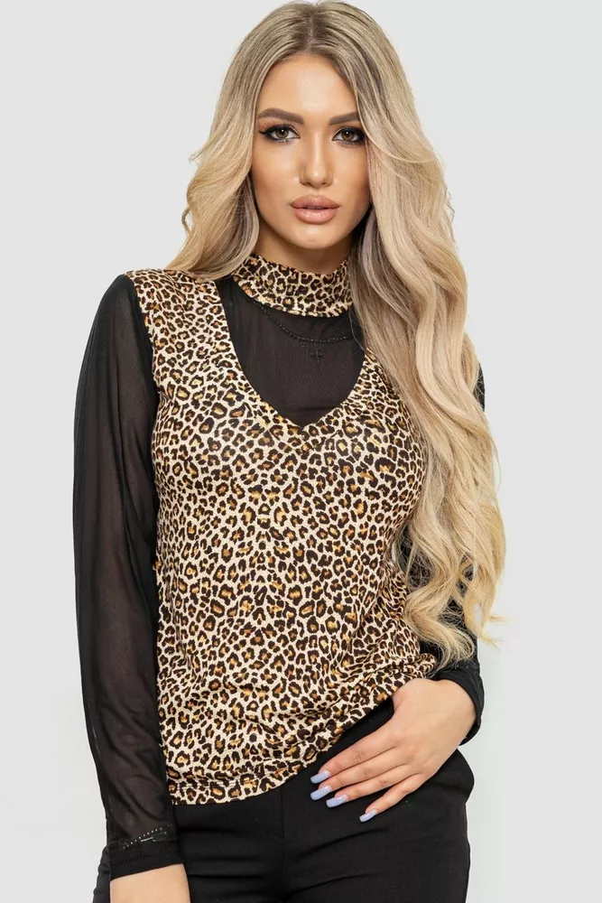 Купити Жіночий лонгслів з рукавом в сітку, колір леопардовий, 186RG400 - Фото №1