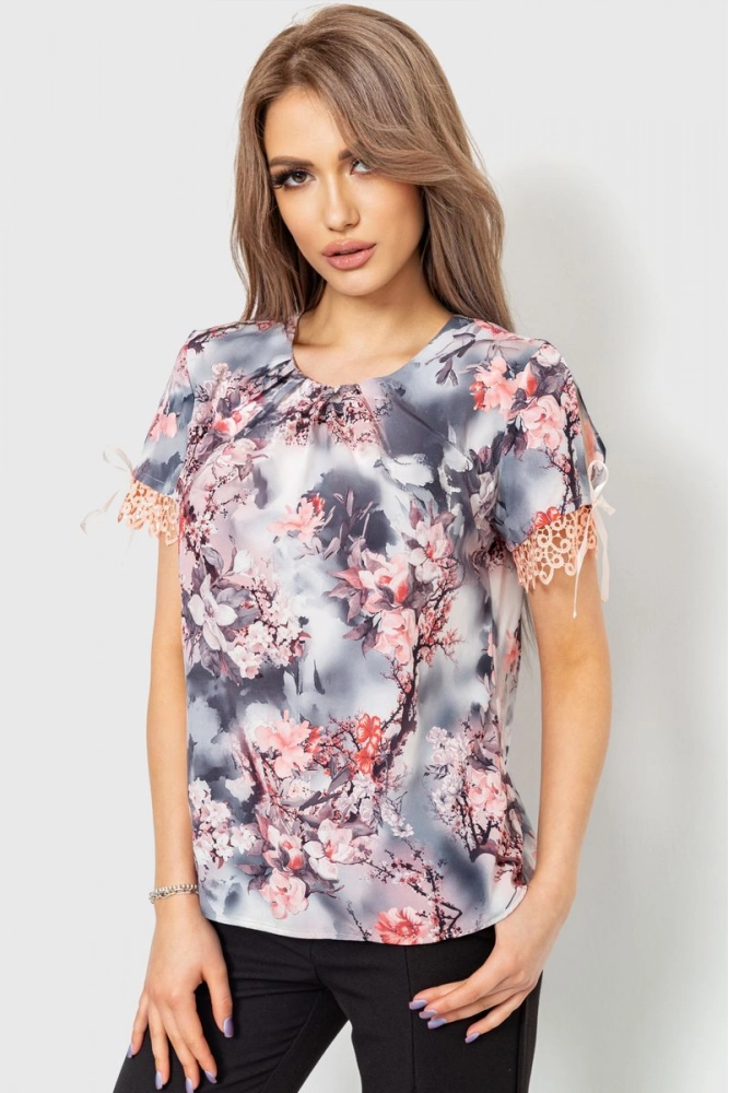 Купить Блуза с цветочным принтом, цвет серо-розовый, 230R62 - Фото №1
