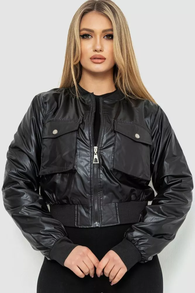 Купити Куртка жіноча з екошкіри коротка, колір чорний, 186R097 - Фото №1