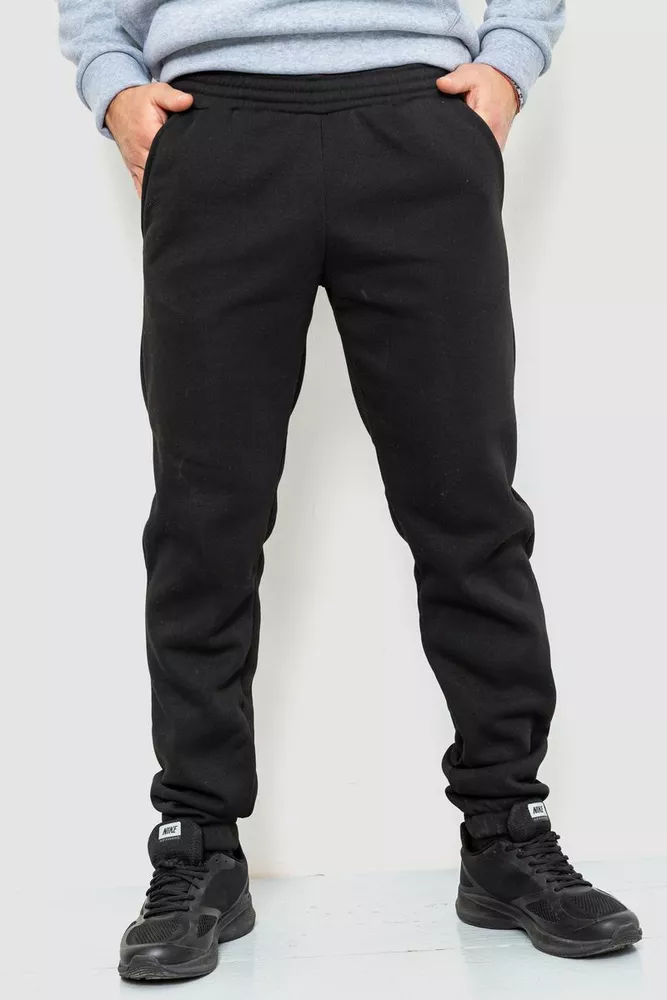 Купить Спорт штаны мужские на флисе однотонные, цвет черный, 190R236 - Фото №1