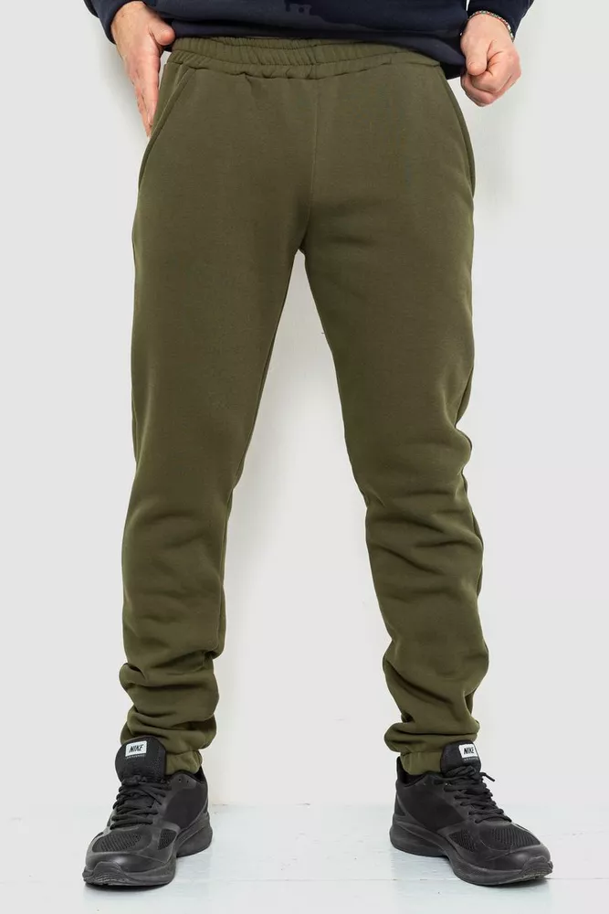 Купить Спорт штаны мужские на флисе однотонные, цвет темно-зеленый, 190R236 оптом - Фото №1