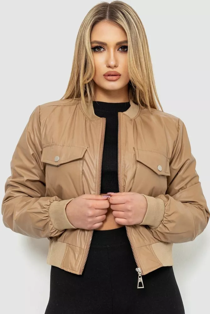 Купити Куртка жіноча з екошкіри коротка, колір бежевий, 186R097 - Фото №1
