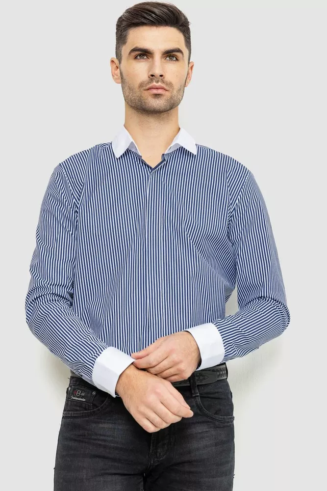 Купить Рубашка мужская в полоску, цвет бело-синий, 214R35-18-308 оптом - Фото №1