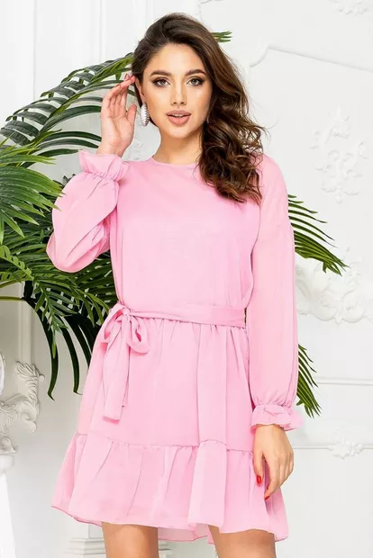 Коротка шифонова сукня з поясом, рожевого кольору, 153R2163