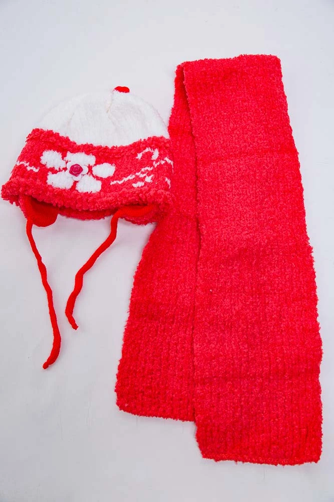 Купити Комплект з шапки і шарфа, для дівчинки, коралово-білого кольору, 167R8882 - Фото №1