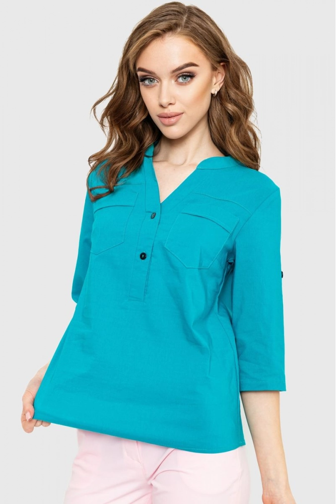 Купить Блуза однотонная, цвет бирюзовый, 230R96-1 - Фото №1