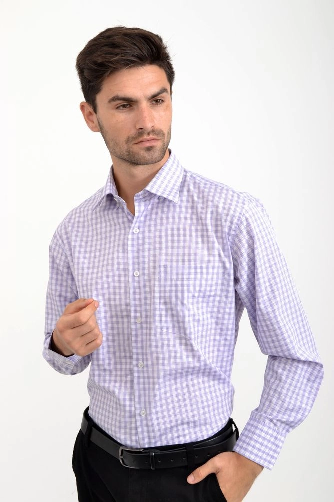Купить Рубашка мужская стильная, белая с сиреневым 18#LS оптом - Фото №1