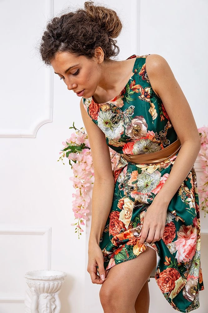 Купить Атласное платье зелено-золотистого цвета в цветочный принт 167R0117 - Фото №1