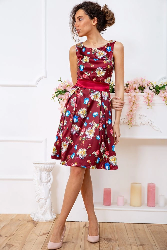 Купить Атласное платье бордового цвета в цветочный принт 167R0117 - Фото №1