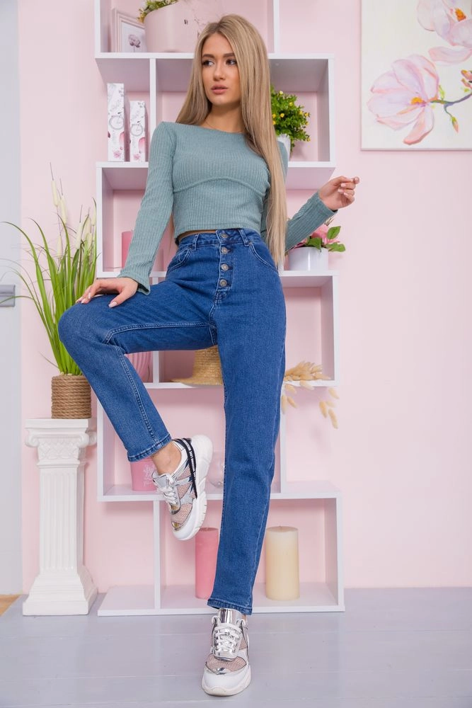 Купить Свободные женские джинсы синего цвета на пуговицах 123R2139 - Фото №1