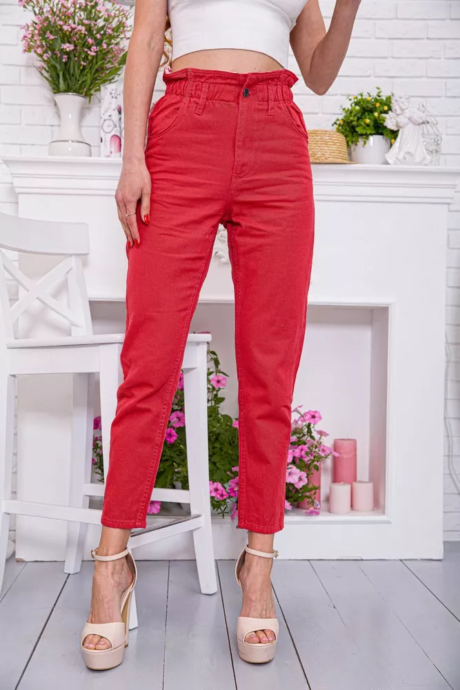 Купити Жіночі прямі джинси МОМ, червоного кольору, 164R2010 оптом - Фото №1
