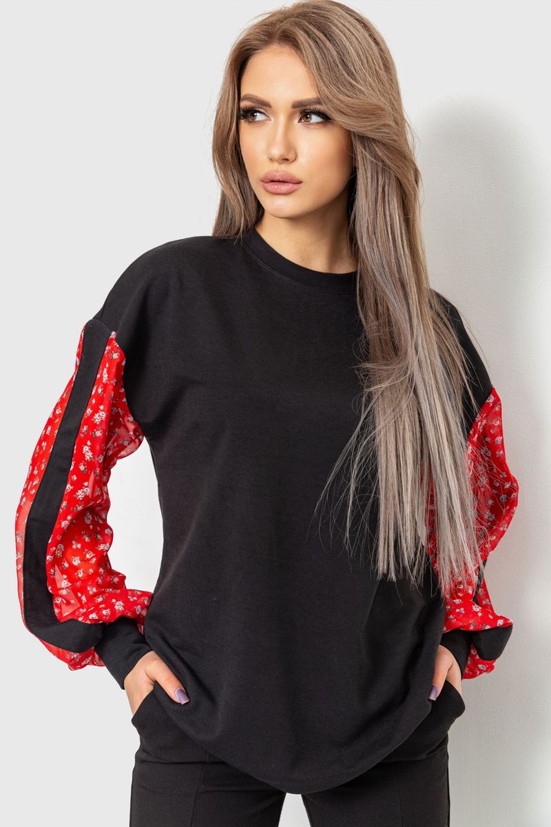Кофта жіноча ошатна з шифоновими рукавами, колір чорно-червоний ...